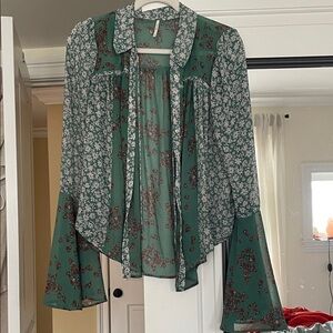 Free People Green Floral Sheer Blouse